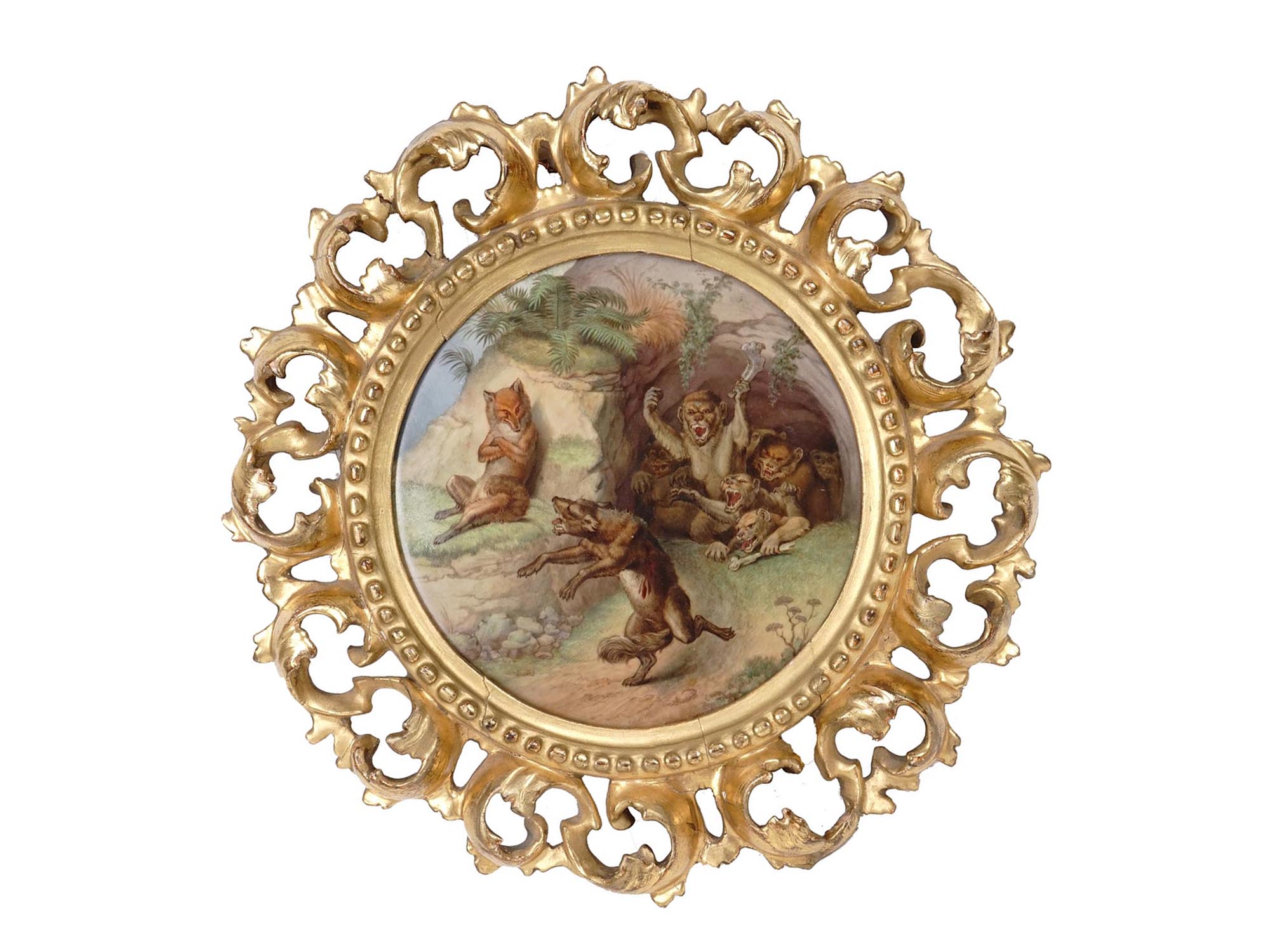 KPM PORCELAIN PLAQUE MONKEYS FOX AND WOLF FRAMED